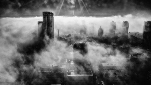туман, город, черные, белые, небоскреб