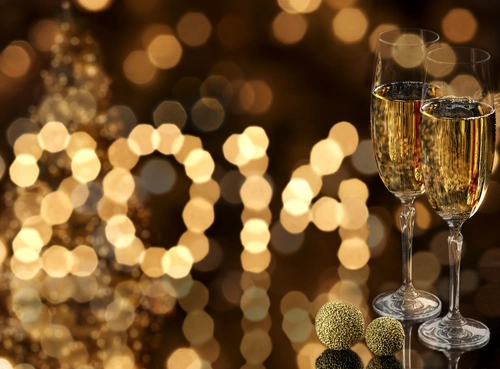 шампанское, новый год, праздник, бокал, желтые, черные