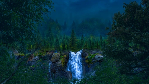 ночь, лес, деревья, водопад, кусты, зелёные, синии