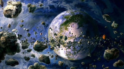 астероиды, камни, земля, космос, зеленые, синие, коричневые
