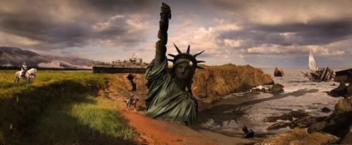 фантастика, статуя свободы, берег, трава, небо, море,кораблекрушение, коричневые, зелёные, серые